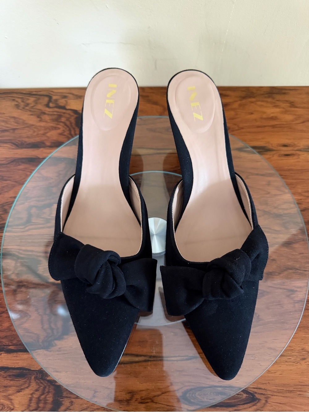 Inez Vivi black Suede Bow Pointed Toe Kitten Heel Mules - Size 8.5